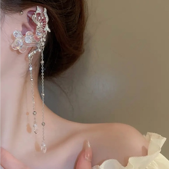 Synthetic Zircon Flower Water Drop Tassel Earrings, Fashion Hanging Ear Clip - Picture 4 of 5